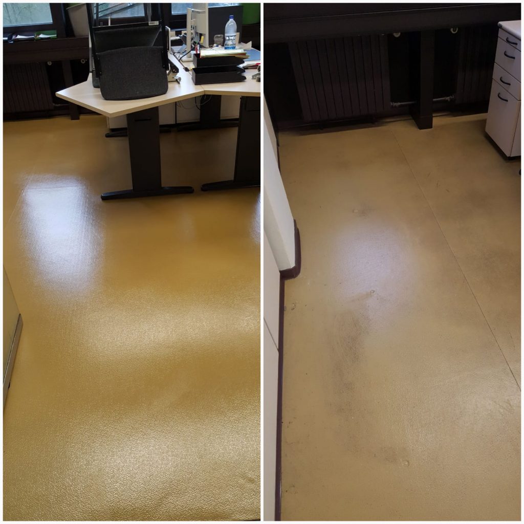Fotos eines Büroraums - vor und nach der Neubeschichtung des Bodens